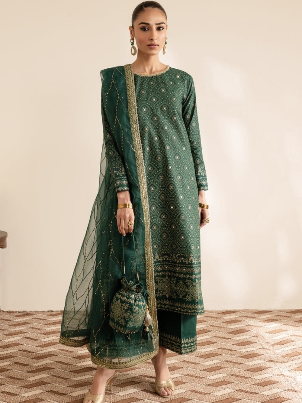 Batik - Embroidered Deep Green Long-Sleeve Women's Dress - 3pc